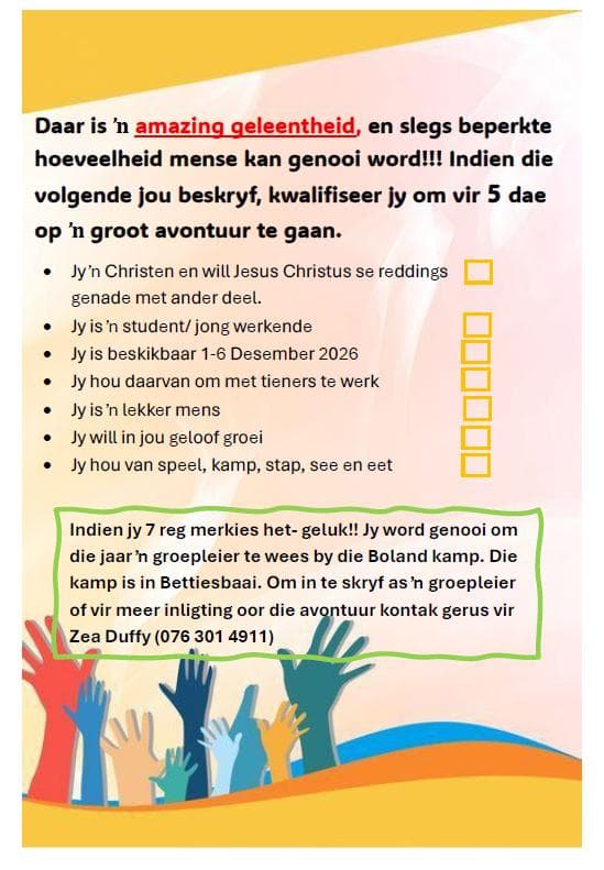 Wees groepleier by die Boland-kamp in Bettiesbaai